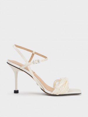 σανδαλια με τακουνι Charles And Keith Leda Beaded Asymmetric Satin ασπρα | 21597-WHVA