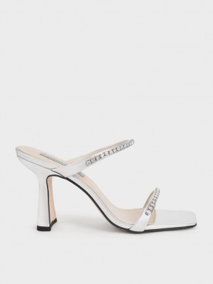 σανδαλια με τακουνι Charles And Keith Metallic Gem-Encrusted ασημι | 06289-RNPQ