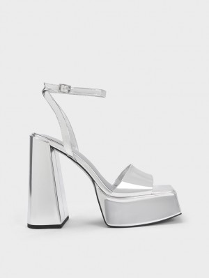 Σανδάλια Με Λουριά Charles And Keith Metallic flatforms Ankle ασημι | 24703-CEMR