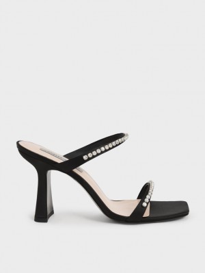 σανδαλια με τακουνι Charles And Keith Satin Gem-Encrusted μαυρα | 06582-FRAZ