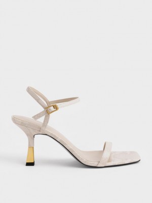 σανδαλια με τακουνι Charles And Keith Snake-Print Ankle-λουρακια ασπρα | 71829-TNRV