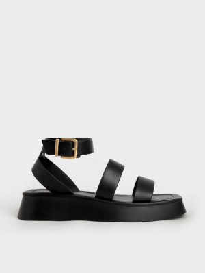 Σανδάλια Με Λουριά Charles And Keith Square toe Ankle μαυρα | 30418-FPNZ