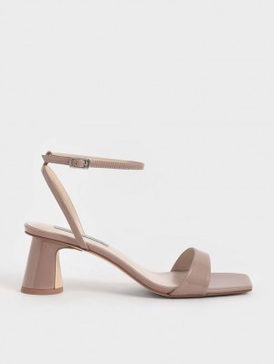σανδαλια με τακουνι Charles And Keith λουστρινι Ankle-λουρακια Cylindrical Μπεζ | 21064-OUSL