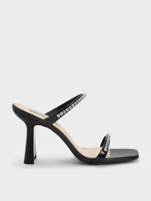 σανδαλια με τακουνι Charles And Keith λουστρινι Gem-Encrusted μαυρα | 25914-SFJB
