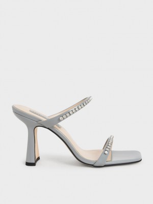 σανδαλια με τακουνι Charles And Keith λουστρινι Gem-Encrusted ανοιχτο μπλε | 43716-HNUB