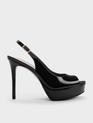 σανδαλια με τακουνι Charles And Keith λουστρινι flatforms Slingback μαυρα | 81762-ZGWV