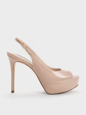 σανδαλια με τακουνι Charles And Keith λουστρινι flatforms Slingback Μπεζ | 31795-VUSG