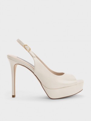 σανδαλια με τακουνι Charles And Keith λουστρινι flatforms Slingback ασπρα | 96807-IKXE