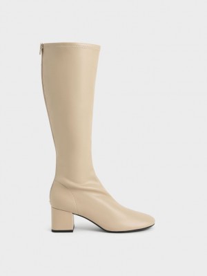 μποτεσ μεχρι το γονατο Charles And Keith Block Heel Μπεζ | 09517-HQPG