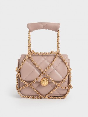 τσάντα clutch Charles And Keith Braided Chain-Handle Καπιτονέ Evening Μπεζ | 74203-GODJ