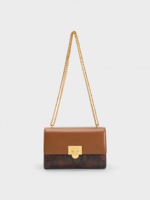 τσάντα clutch Charles And Keith Snake Print Metallic Accent καφε | 79085-XECW