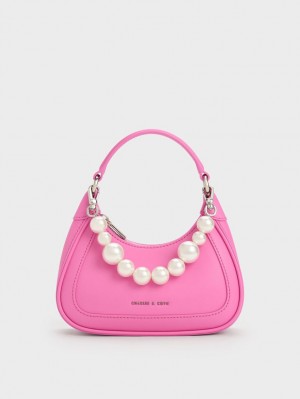τσάντα hobo Charles And Keith Beaded Handle ροζ | 02813-MVWL