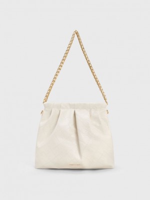 τσάντα hobo Charles And Keith Duo Double Chain κρέμα | 07869-CFUI
