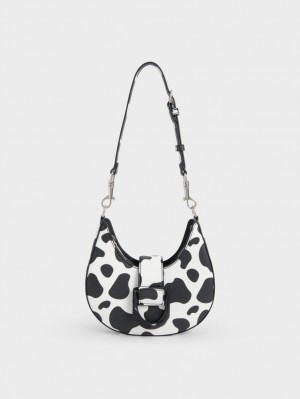 τσάντα hobo Charles And Keith Gabine Belted μαυρα ασπρα | 72568-NGFE