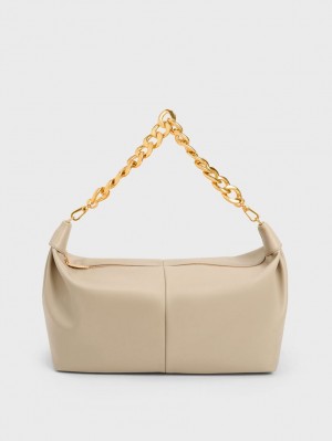 τσάντα hobo Charles And Keith Χοντρός Chain Link Μπεζ | 18506-GWAH