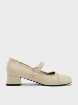 παπουτσια mary jane Charles And Keith Denim Block Heel Μπεζ | 51398-AZNV