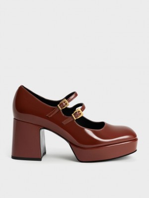 παπουτσια mary jane Charles And Keith λουστρινι Block Heel καφε | 05214-NCGW