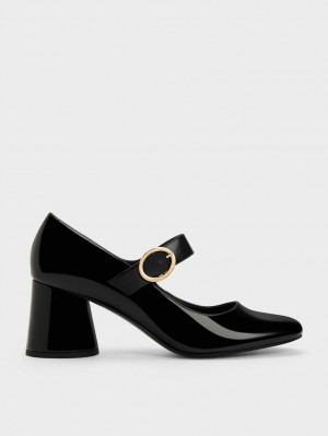 παπουτσια mary jane Charles And Keith λουστρινι Cylindrical Block Heel μαυρα | 46802-RVMD