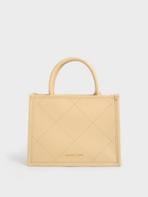 τσάντεσ tote Charles And Keith Celia Καπιτονέ Double Handle Μπεζ | 17905-SVIY