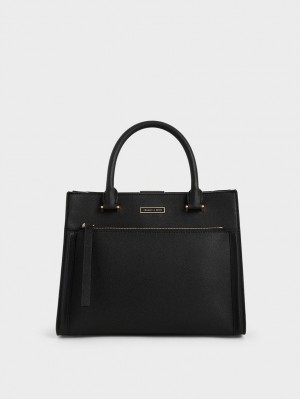 τσάντεσ tote Charles And Keith Double Handle Front Zip μαυρα | 74593-YODM