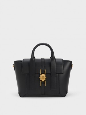 τσάντεσ tote Charles And Keith Dua Buckled Trapeze μαυρα | 93401-QCVB