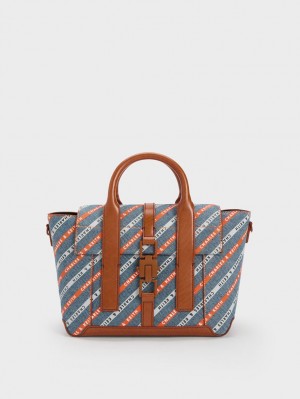 τσάντεσ tote Charles And Keith Dua Ριγέ Denim Buckled Trapeze Πολύχρωμο | 09827-FZLI