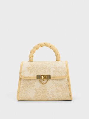τσάντεσ tote Charles And Keith Floral Illustrated Trapeze Μπεζ | 37619-HYLJ