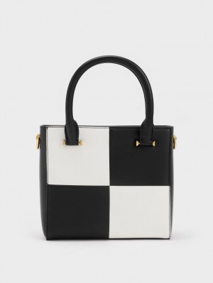 τσάντεσ tote Charles And Keith Georgette Checkered Square μαυρα ασπρα | 49538-ZJOP