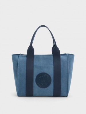 τσάντεσ tote Charles And Keith Large Kay Denim Contrast-Trim μπλε | 16394-ULSF