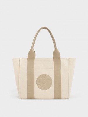 τσάντεσ tote Charles And Keith Large Kay καμβα Contrast-Trim Μπεζ | 15437-TSFK