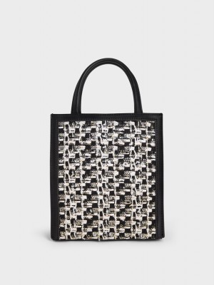 τσάντεσ tote Charles And Keith Tweed Double Handle μαυρα | 36058-LMUB