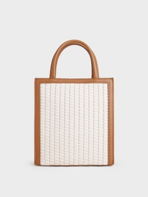 τσάντεσ tote Charles And Keith Woven Double Handle σοκολάτα | 95234-FSMQ