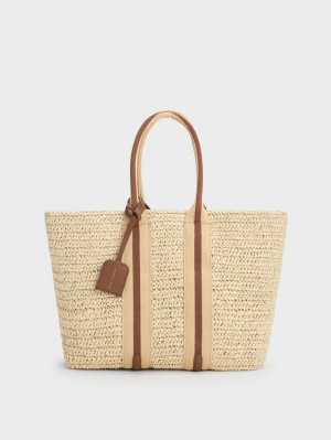 τσάντεσ tote Charles And Keith Ριγέ Handles Raffia Μπεζ | 92085-UELX