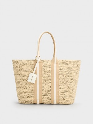 τσάντεσ tote Charles And Keith Ριγέ Handles Raffia Μπεζ | 91058-HFLN