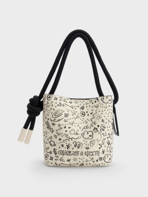 bucket bags Charles And Keith Gwiana Knotted Printed κρέμα | 46905-OEVA