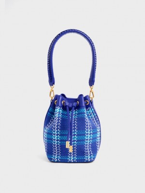 bucket bags Charles And Keith Tweed Braided-Handle Drawstring μπλε | 74385-EXYL