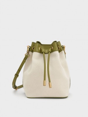 bucket bags Charles And Keith Woven Handle καμβα Ελιά κρέμα | 68234-HNTC