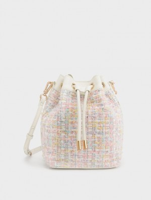 bucket bags Charles And Keith Woven Handle Tweed ανοιχτο ροζ | 93172-UOWB