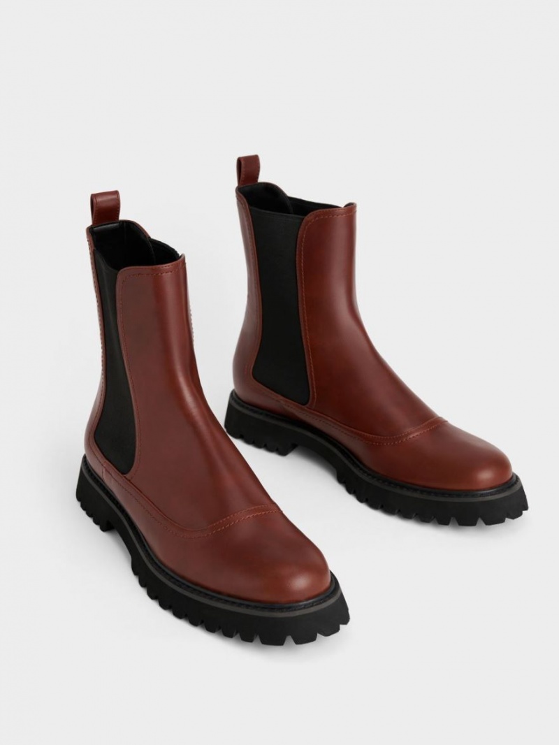 Chelsea Boots Charles And Keith Ridged-Sole σκούρο κοκκινα | 90784-UQWI