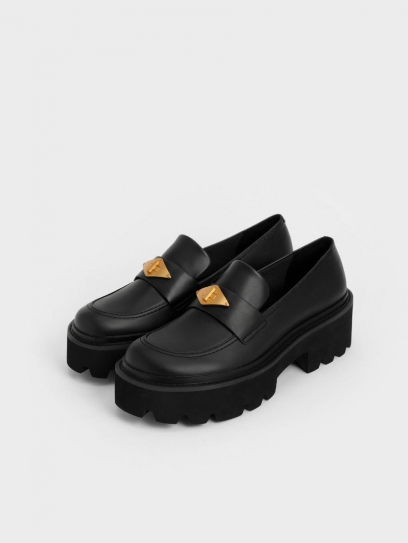 Loafers Charles And Keith Metallic Accent Χοντρός flatforms Penny μαυρα | 14730-MIQP