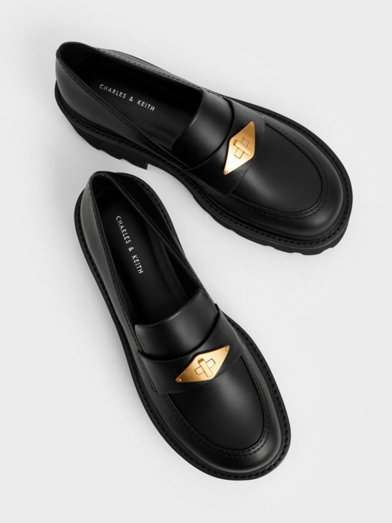 Loafers Charles And Keith Metallic Accent Χοντρός flatforms Penny μαυρα | 14730-MIQP