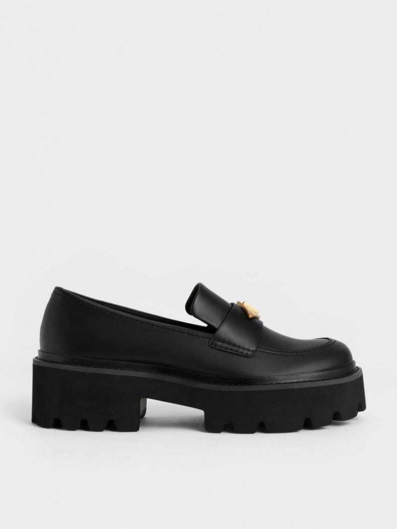 Loafers Charles And Keith Metallic Accent Χοντρός flatforms Penny μαυρα | 14730-MIQP
