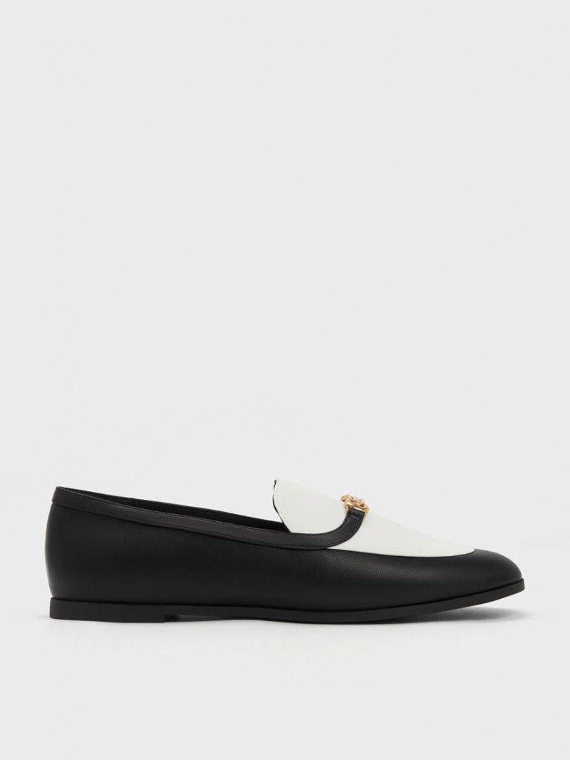 Loafers Charles And Keith Metallic Accent Two-Tone Round-toe μαυρα ασπρα | 51947-CODV