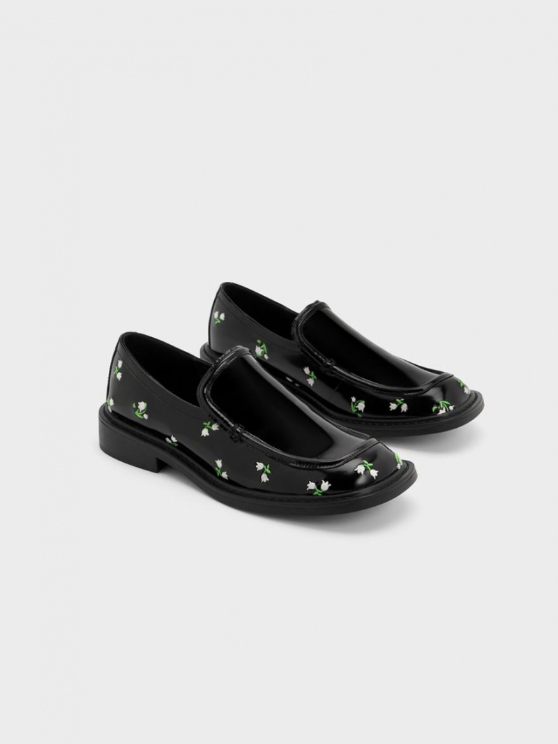 Loafers Charles And Keith Rosalie Floral δερματινα μαυρα | 25416-FXPK
