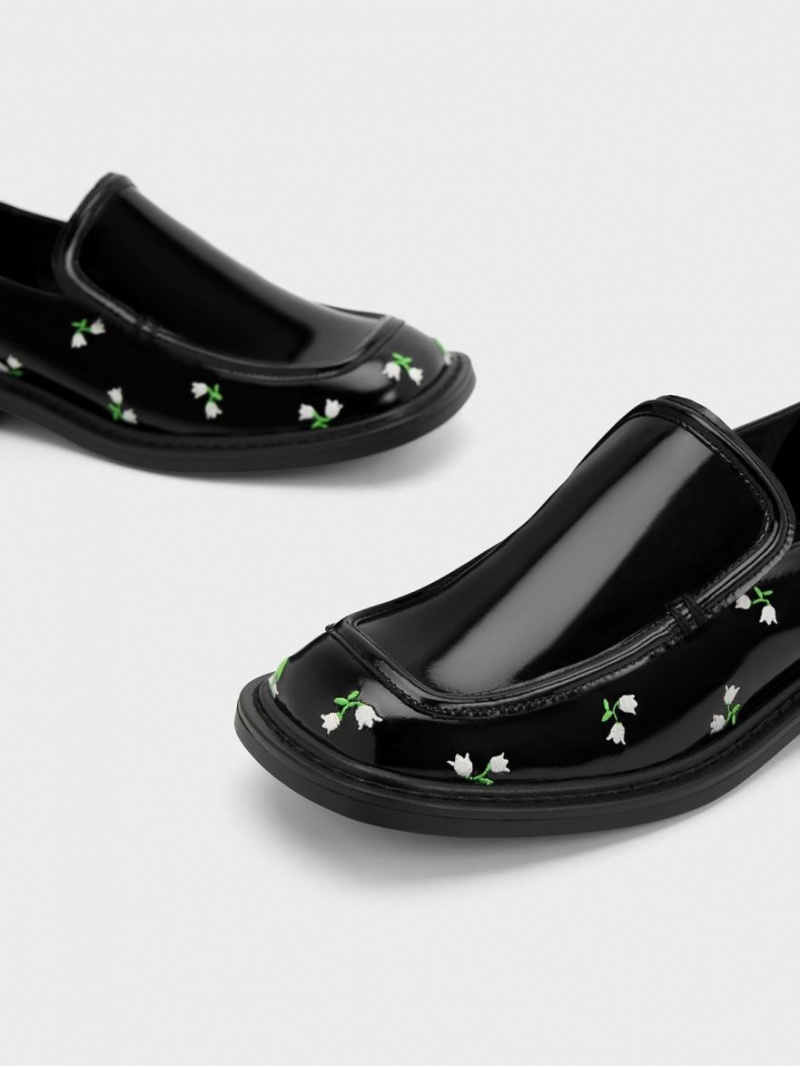 Loafers Charles And Keith Rosalie Floral δερματινα μαυρα | 25416-FXPK