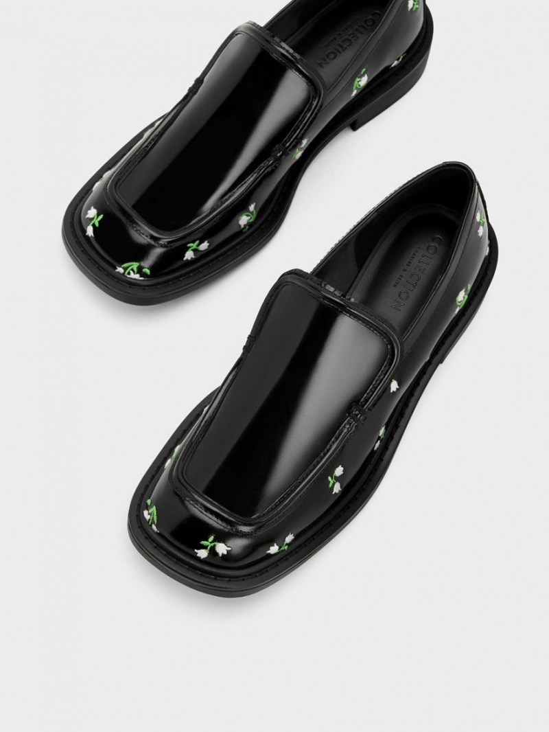 Loafers Charles And Keith Rosalie Floral δερματινα μαυρα | 25416-FXPK