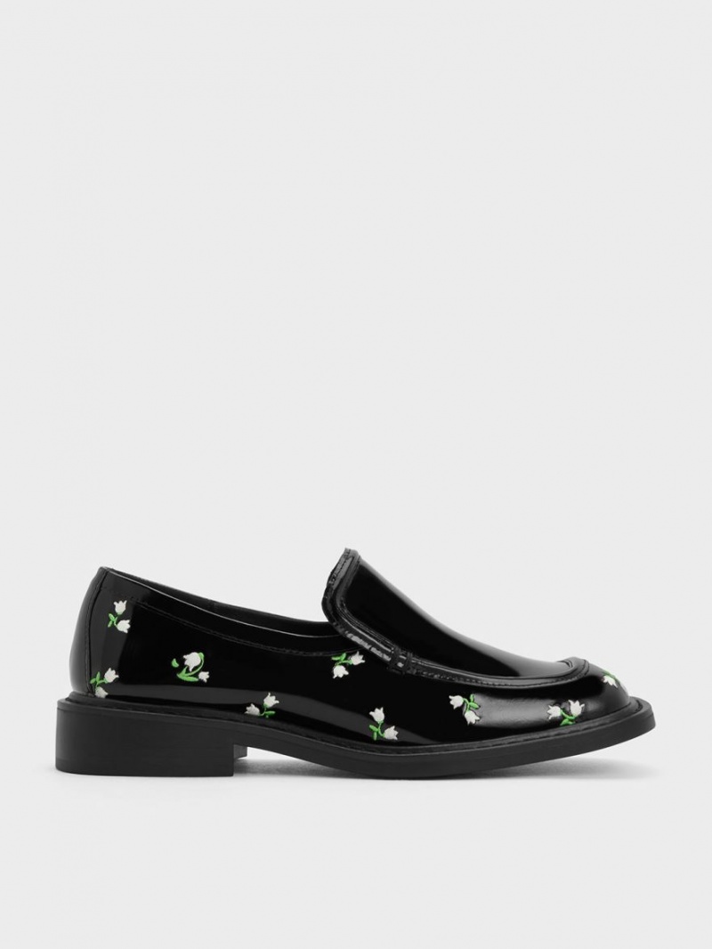 Loafers Charles And Keith Rosalie Floral δερματινα μαυρα | 25416-FXPK