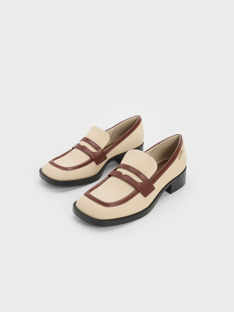 Loafers Charles And Keith καμβα Cut-Out Penny Μπεζ | 84326-RTHY