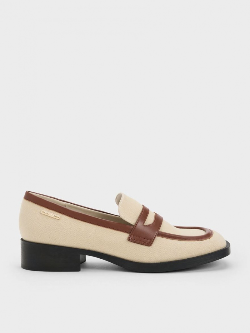 Loafers Charles And Keith καμβα Cut-Out Penny Μπεζ | 84326-RTHY