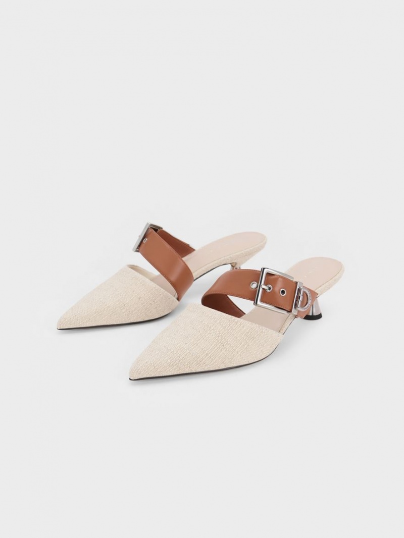 Mules Charles And Keith Asymmetric πόρπης Linen με τακουνι Μπεζ | 43658-CZFD